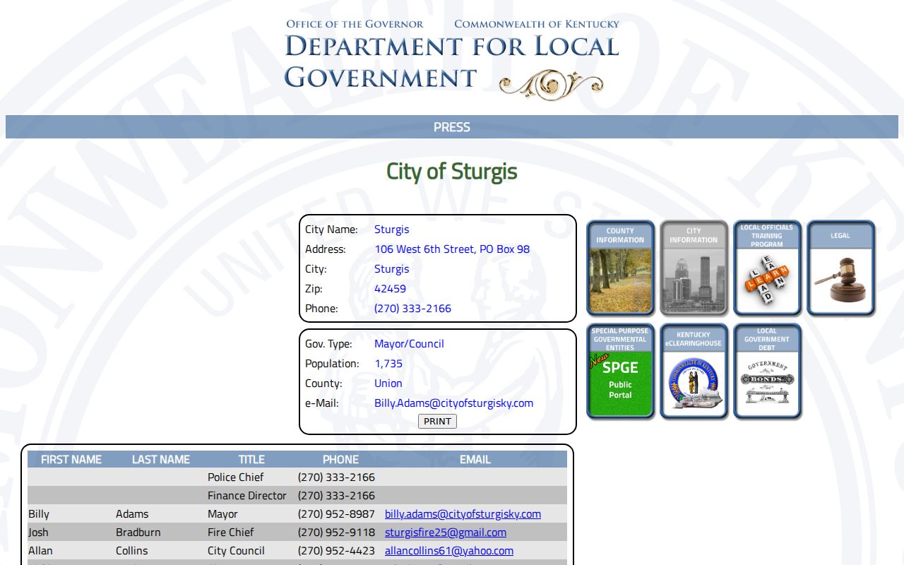 Sturgis officials and police contact for Union County criminal records