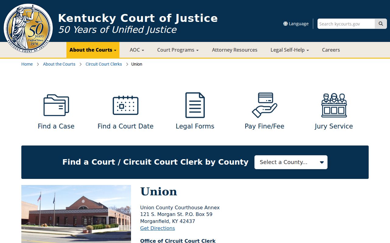 Kentucky Court of Justice page showing Union County court and clerk locations